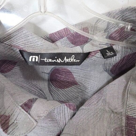 Travis Mathew Large Grey Feathers Short Sleeve Button Front Shirt Pocket Casual - Picture 3 of 8